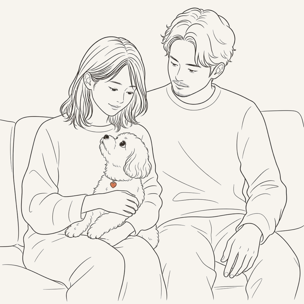 愛犬を見つめるご家族のイラスト